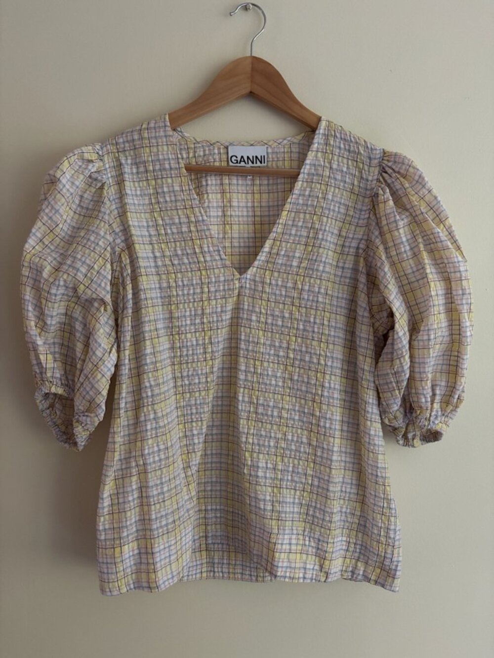 Ganni Pastel Plaid Puff-Sleeve Blouse, size 36